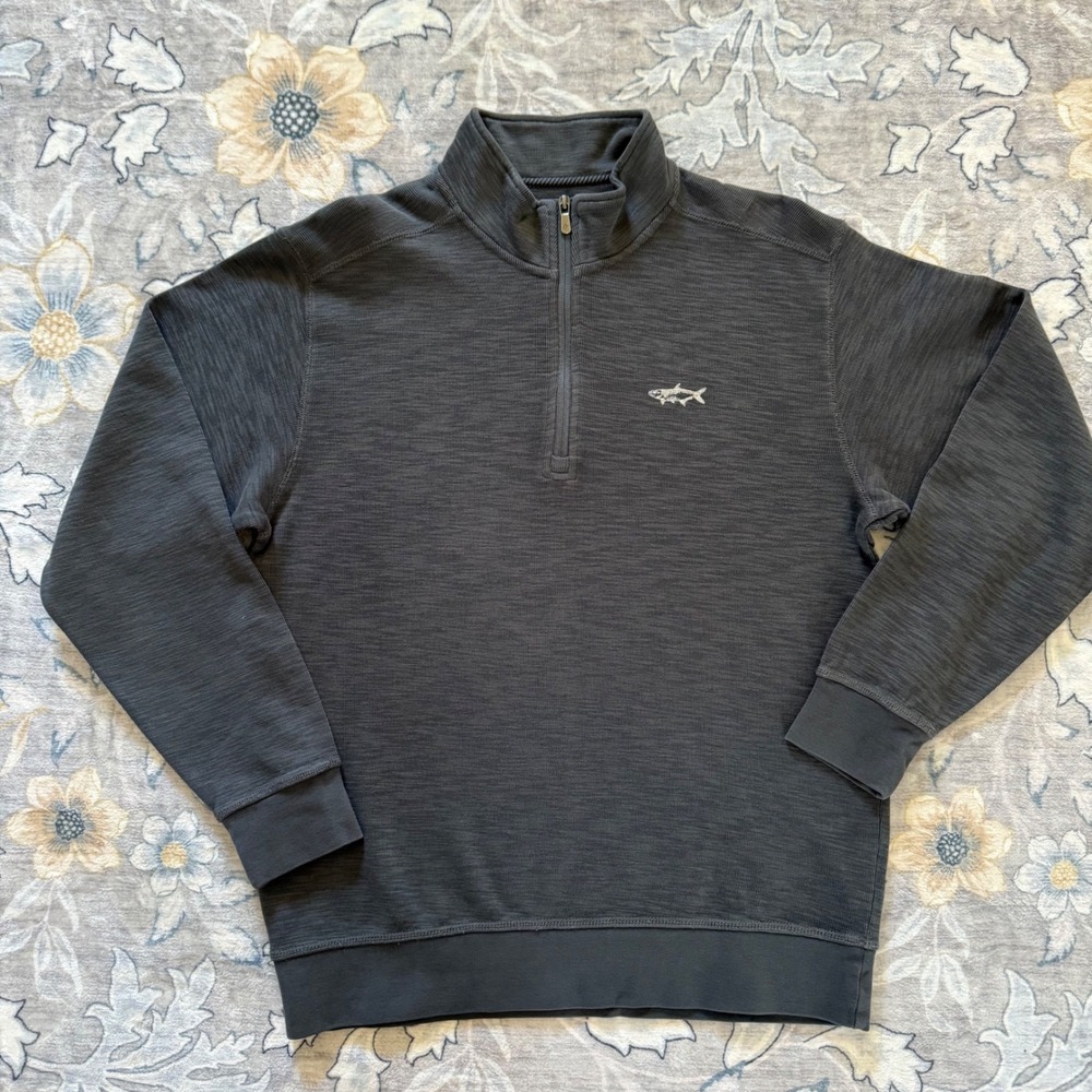 Orvis Quarter Zip Pullover Men Size M‎ Grey Cotton Slub Knit Sweater Fly Fish